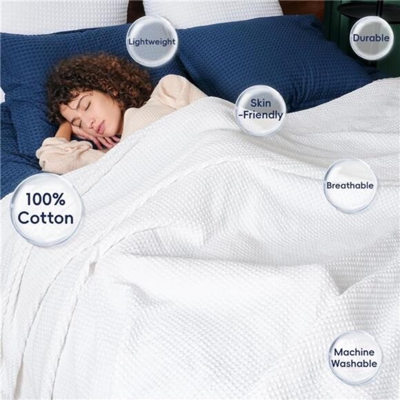 100% Cotton Waffle Weave Blanket Queen Size 90"x90"-Lightweight Cozy Washed Soft - Picture 3 of 7
